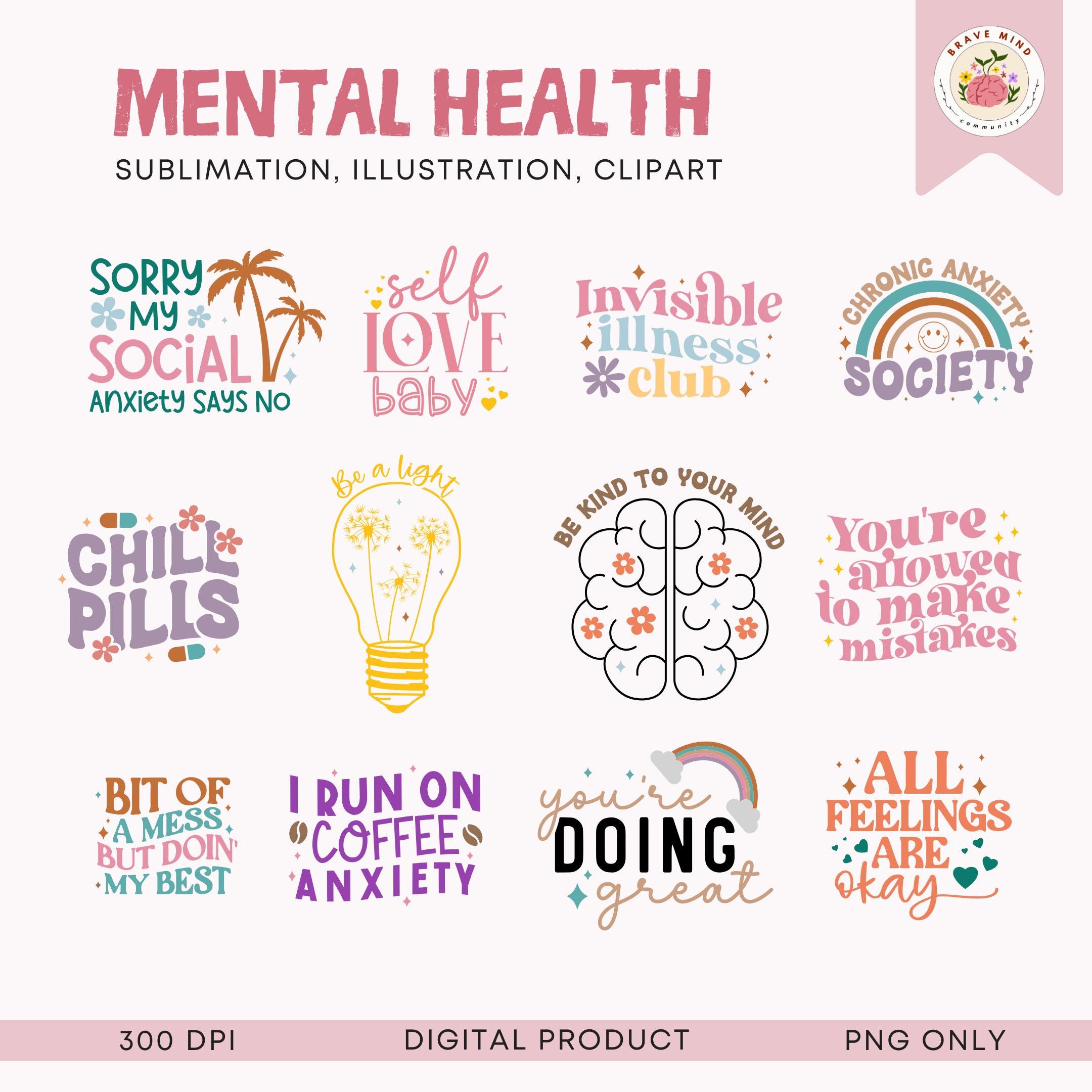 Mental Health Clipart Illustration Bundle Positive Quotation for POD ...