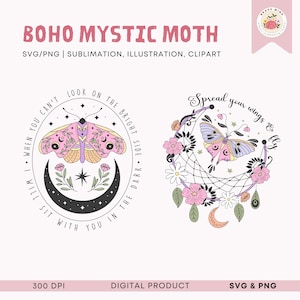 May include: A digital illustration of a pink and purple moth with a crescent moon and stars. The text reads "When you can't look on the bright side, I will sit with you in the dark".