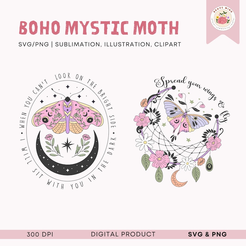 May include: A digital illustration of a pink and purple moth with a crescent moon and stars. The text reads "When you can't look on the bright side, I will sit with you in the dark".