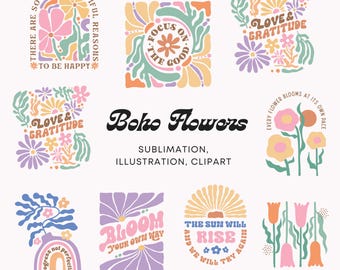 Citas florales abstractas bohemias SVG, diseños florales inspiradores EPS PNG, archivos de sublimación para Cricut y Silhouette, imágenes prediseñadas de citas positivas
