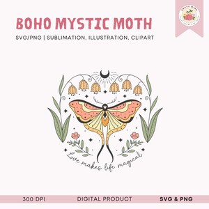 May include: A digital illustration of a moth with pink and yellow wings surrounded by flowers and stars. The text "Love makes life magical" is written below the moth.