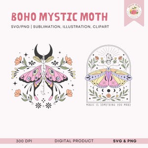 May include: Two digital illustrations of a moth with floral and celestial elements. The first illustration features a pink moth with a crescent moon and stars. The second illustration features a yellow and pink moth with a crystal and crescent moons. Both illustrations include the text "Magic is something you make".