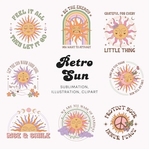 Boho Sun PNG Sublimeringspaket Retro Celestial Clip Art SVG Sol Clipart Boho png sol och måne Boho SVG Astrologi Celestial Klistermärke
