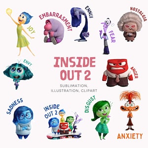 May include: A colorful illustration of the characters from the movie Inside Out 2. The characters are Joy, Sadness, Anger, Fear, Disgust, and a new character named Anxiety. The illustration is set against a white background and includes the text "Inside Out 2" and "Sublimation, Illustration, Clipart".