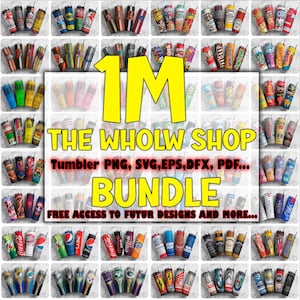 Könnte beinhalten: Eine Sammlung verschiedener Becherdesigns mit beliebten Marken und Grafiken. Das Bild zeigt Becher mit Logos wie Coca-Cola und Bud Light. Der Text auf dem Bild lautet "1M THE WHOLW SHOP BUNDLE".