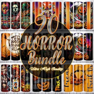 Bundle Png gobelet skinny 20 oz horreur 90 modèles, film Halloween gobelet Wrap Png sublimation, gobelet de film d&#39;horreur, téléchargement numérique