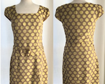 Vintage Designer Belted Shift Dress - Pietro Filipi - Light Brown with Gold Polka Dots - Cap Sleeve Size 12