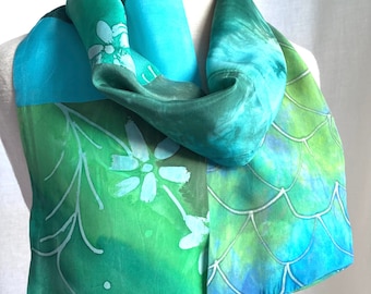 Hand Painted Collage Silk Scarf - Dyed and Painted Silks, Pieced - 6.5 x 66 Inches, Turquoise, Blue, Green