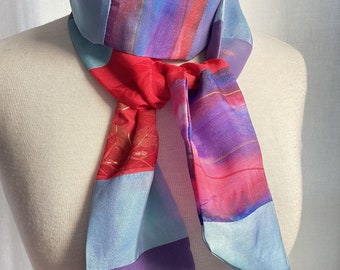 Hand Painted Collage Silk Scarf - Dyed and Painted Silks, Pieced - 4 x 60 Inches, Blues, Purples, Reds, Metallic Gold