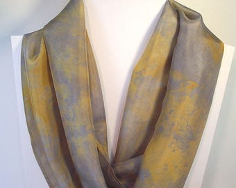 Hand Dyed Silk Infinity Scarf - 11 x 76", Gold and Grey, Long Infinity Loop