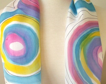 Hand Painted Silk Infinity Scarf, Rainbow Circles in Aqua, Blue, Mauve, Pink and Yellow with Black Lines, 9x60