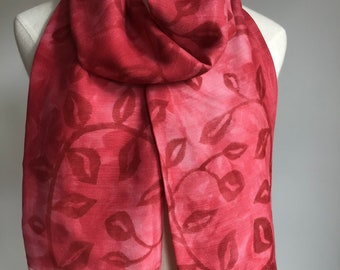 Silk / Wool Scarf - Hand Dyed & Block Printed in Brick Red- 72 x 7 inches