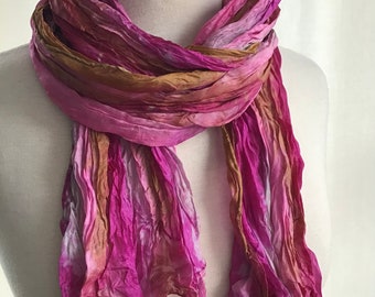 Boho Wrinkled Silk Scarf, Hand Dyed - Silk Travel Scarf - Pink, Taupe, Bronze, Fuchsia - 17x85"