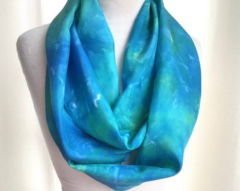 Hand Dyed Silk Infinity Scarf - Turquoise, Blue, Green - 11 x 76 inches