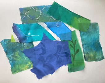 Hand Dyed silk De-stash Greens and Blues #1, Dyed, Printed, Painted, Leaves, Stripes, Mermaid Scales, Marbled