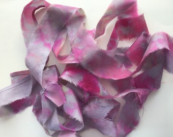 Recycled Torn Silk Ribbon, Hand Dyed frayed ribbon, De-stash Silk, Pink and Gray, by the meter