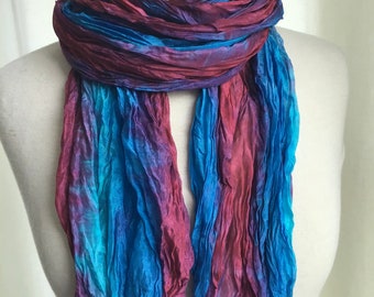 Boho Wrinkled Silk Scarf, Hand Dyed Silk Travel Scarf - Turquoise, Burgundy, Blue - 17 x 85"