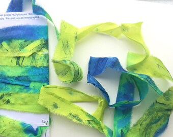 Torn Silk Ribbon, 3 Yards, Hand Dyed frayed ribbon, De-stash Silk, Turquoise, Blue, Lemon, Lime