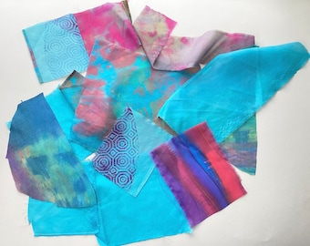 Hand Dyed Silk De-stash, Blues, Pink, Purples #1, Painted, Dyes, Printed Silks