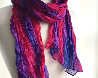 Boho Wrinkled Silk Scarf, Hand Dyed, No Iron Travel Scarf - Fuchsia, Purple, Blue- 17 x 85“