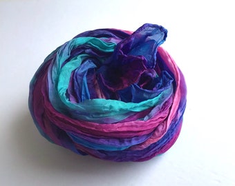 Hand Dyed Silk Scarf, Crinkled Silk, Travel Scarf - Purple, Pink, Blue - 15 x 72“