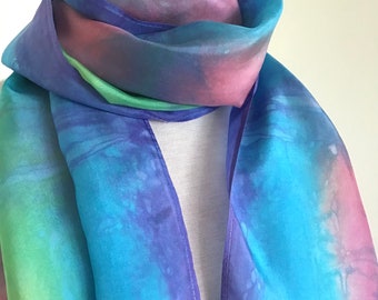 Hand Dyed Silk Scarf - Rainbow Pastel Colours - Pink, Turquoise, Purple, Lime- 14x72 inches