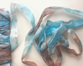 Recycled Torn Silk Ribbon, Hand Dyed frayed ribbon, De-stash Silk, Turquoise, Copper