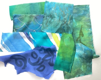 Hand Dyed silk De-stash Greens and Blues #2, Dyed, Printed, Painted, Leaves, Stripes, Mermaid Scales, Marbled