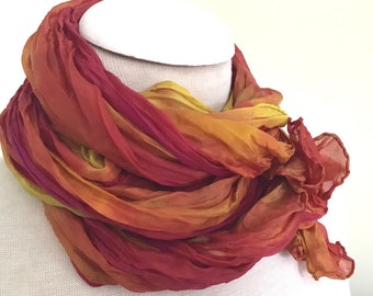Hand Dyed Silk Scarf, Crinkled Silk, Travel Scarf - Gold, Orange, Red - 15 x 72“
