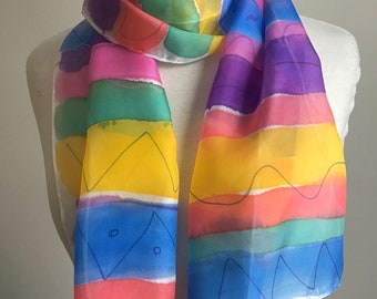 Hand Painted Silk Scarf - Summer Scarf, Head Scarf - Stripes in  Blue, Coral, Yellow, Purple, Pink, Teal - 11 x 60 inches