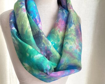 Hand Dyed Silk Infinity Scarf - Turquoise, Blue - 11 x 76 inches