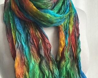 Boho Wrinkled Silk Scarf, Hand Dyed Silk Travel Scarf - Gold, Terracotta, Turquoise, Green, Blue- 17x85"