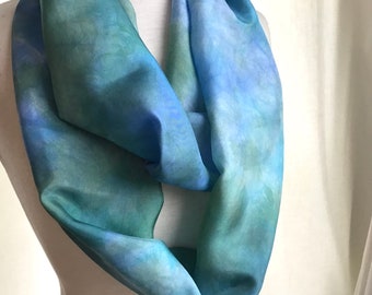 Hand Dyed Silk Infinity Scarf - Turquoise, Blue, Green - 11 x 76 inches