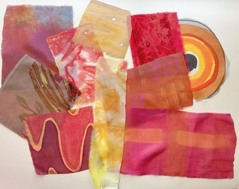 Hand Dyed Silk De-stash, Warm Colours #2, Red, Gold, Brown, Yellow, Pink - Painted, Dyed, Printed Silks