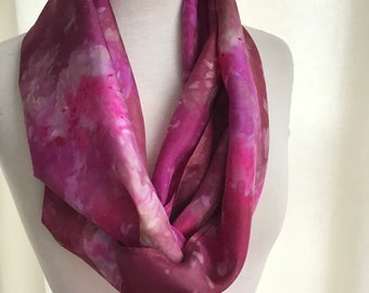 Hand Dyed Silk Infinity Scarf - Pink, Burgundy, Khaki - 11 x 76 inches