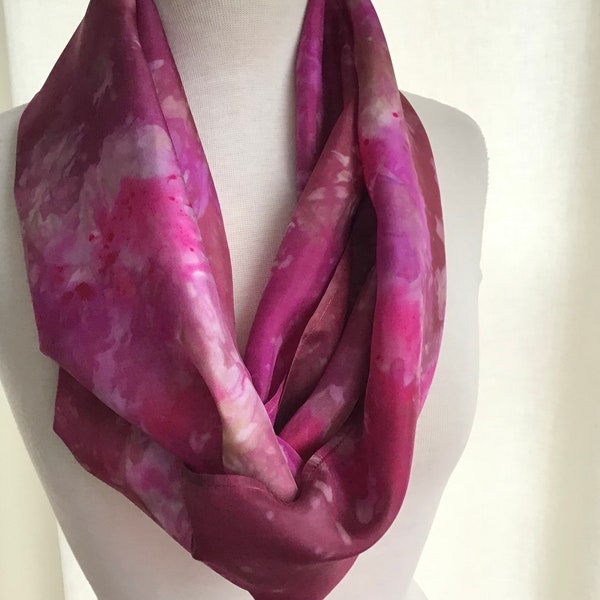 Hand Dyed Silk Infinity Scarf - Pink, Burgundy, Khaki - 11 x 76 inches