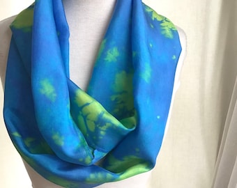 Hand Dyed Silk Infinity Scarf - Turquoise, Bright blue and Lime- 11 x 76 inches