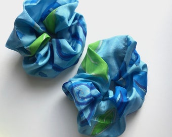 Silk Scrunchies - Hand Painted Silk - Turquoise, Royal and Green - Hair Scrunchies
