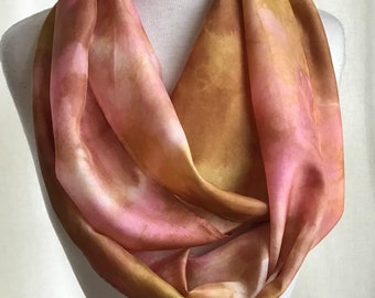 Hand Dyed Silk Infinity Scarf - Gold, Copper, Pink - 11 x 76 inches