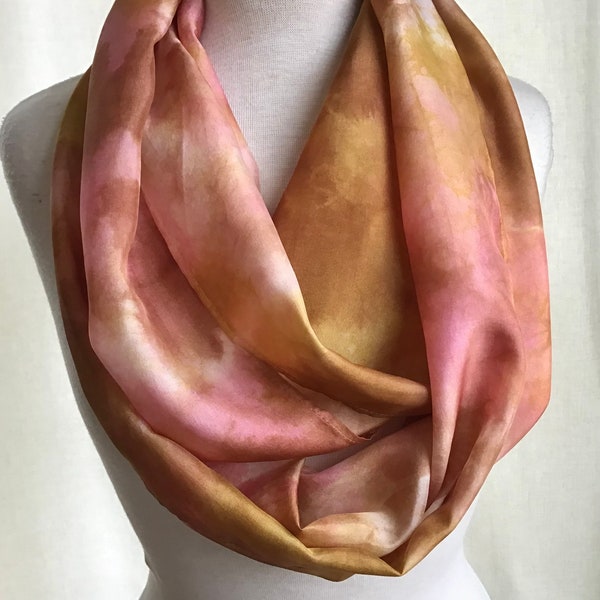 Hand Dyed Silk Infinity Scarf - Gold, Copper, Pink - 11 x 76 inches