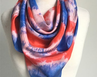 Vintage Tie Dye Square Silk Scarf - Red, White & Blue - 33 x 36 inches