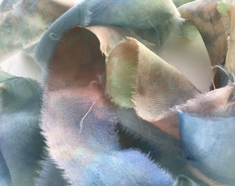 Recycled Torn Silk Ribbon, Hand Dyed frayed ribbon, De-stash Silk, Peach, Lemon, Sky Blue, 3 cm wide