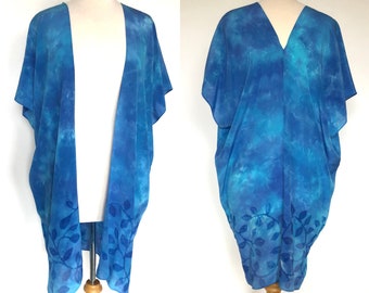 Silk Kimono-Hand Dyed Silk- Turquoise, Blue, with Leaf Print Border - m-XL