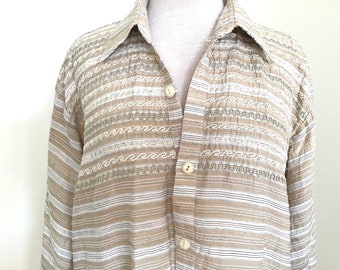 Vintage Raw Silk Striped Shirt - Long Sleeved - Embroidered Details, Natural, Neutral Colors -Size XL