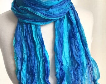 Boho Wrinkled Silk Scarf, Hand Dyed Silk Travel Scarf - Turquoise, Burgundy, Blue - 17 x 85"