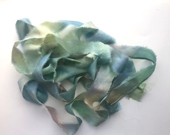 Recycled Torn Silk Ribbon, Hand Dyed frayed ribbon, De-stash Silk, Pastel Green, Copper, Blue, 2cm wide