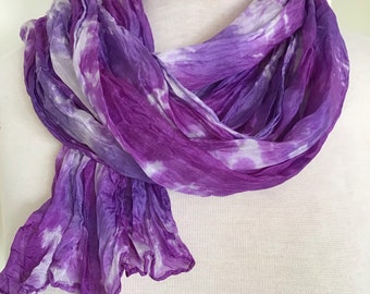 Hand Dyed Silk Travel Scarf - Wrinkled Boho Style - Purples, Grape, Violet and White - 15 x 72“