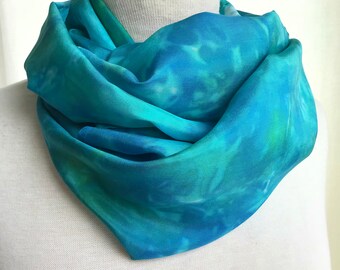Hand Dyed Silk Infinity Scarf - Turquoise, Seafoam Green, Blue- 11 x 76 inches