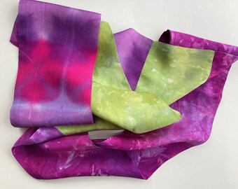 Silk Collage Scarf - Hand Dyed and Painted Silks, Pieced -Fuchsia, Purple, Chartreuse, Lime Green