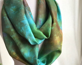 Hand Dyed Silk Infinity Scarf - Earth Colors -Turquoise, Terracotta, Gold, Green - 11 x 76 inches